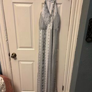 New Express Goddess Maxi Dress XS, White/ Silver Strappy Crisscross Back